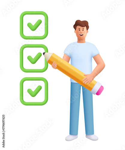 Young smiling man James doing checklist with pencil. Planning, productivity, task completion and project management concept. 3d vector people character. Cartoon minimal style.