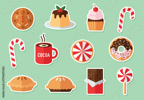 Sweet cartoon sticker pack festive treats, gingerbread man, candy cane, hot cocoa, donuts, pie, pudding, chocolate bar, lollipop, and peppermint