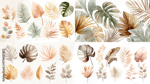 Neutral watercolor tropical leaves in beige, sage and terracotta tones—monstera, palm, banana, eucalyptus and fern. Boho botanical clipart for patterns, invites and branding.
