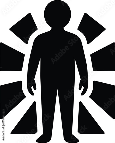 Black silhouette of a person with radiating geometric shapes around them human figure