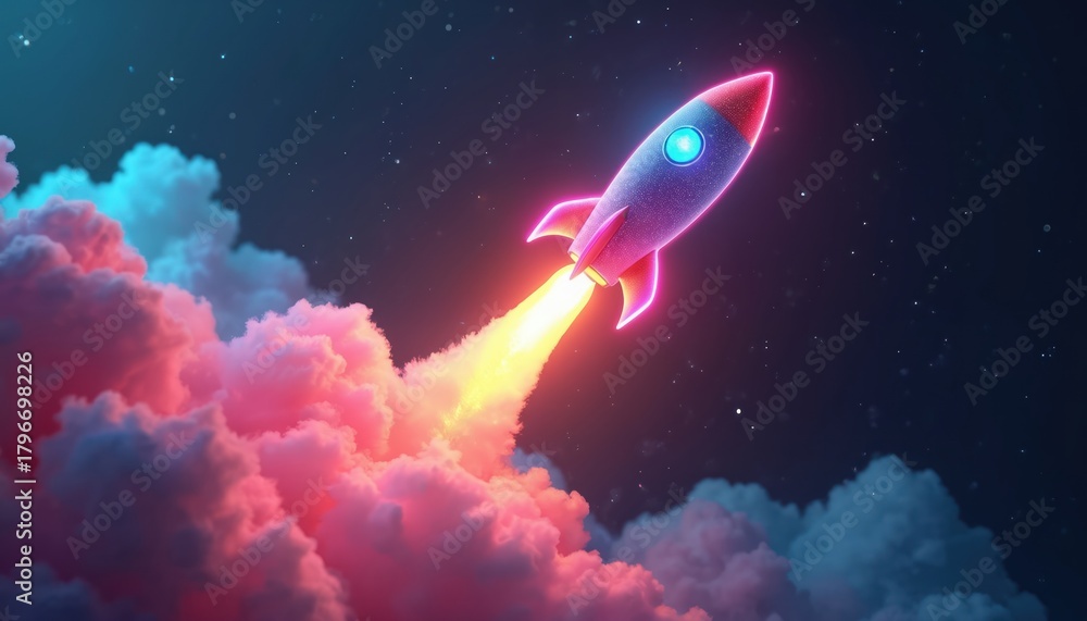 Fototapeta premium Futuristic rocket launches into starry night sky. Fiery exhaust plumes rise through neon pink and blue clouds. Represents business startup, innovation and science progress.