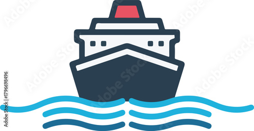 Front view vector icon of a cruise ship sailing on blue waves a symbol of travel and vacation