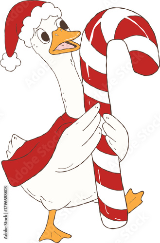 funny christmas goose illustration, silly winter goose clipart, playful holiday geese artwork holding a Candy cane.