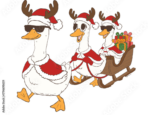 funny Christmas geese sleigh illustration, cute holiday goose cartoon art, geese pulling Santa sleigh clipart, festive animal winter scene