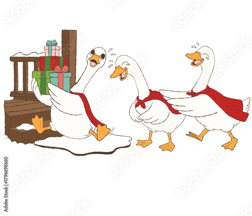 funny christmas goose illustration, silly winter goose clipart, playful holiday geese artwork holding a gift.
