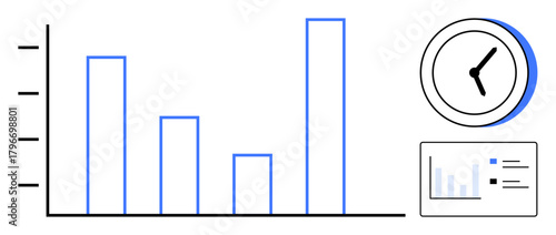 Bar chart showing data trends with a clock highlighting time tracking. Smaller chart below shows multitasking. Ideal for analytics, management, planning, productivity, time tracking, performance