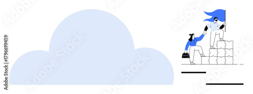 Person climbing puzzle block staircase assisted by teammate waving a flag, large cloud shape. Ideal for teamwork, leadership, collaboration, success, cloud computing, growth achievement. Simple flat
