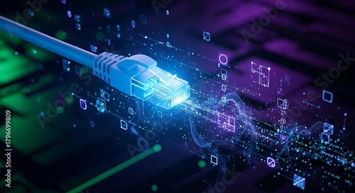 Closeup of a glowing blue ethernet cable connector plugged into a digital network with abstract data streams and binary code.