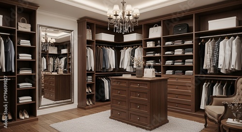 Elegant walk-in closet with classic dark wood cabinetry, a central island drawer unit, and a crystal chandelier in a luxurious dressing room
