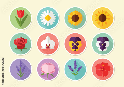 Set of twelve circular flower stickers featuring tulips, daisies, sunflowers, roses, orchids, pansies, lavender, peonies, and hibiscus in flat design style