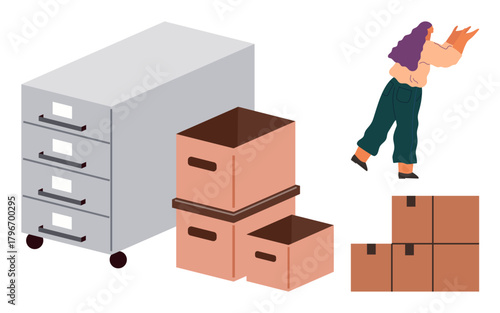 Person arranging cardboard boxes near a filing cabinet for storage or moving. Ideal for organization, logistics, warehouse, office work, sorting, physical labor, teamwork. Simple flat metaphor