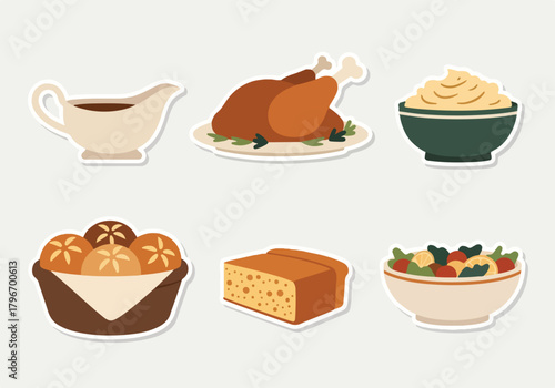 Delicious Thanksgiving Dinner Stickers Featuring Roasted Turkey, Mashed Potatoes, Gravy Boat, Bread Rolls, Cornbread, and Salad for Festive Celebrations