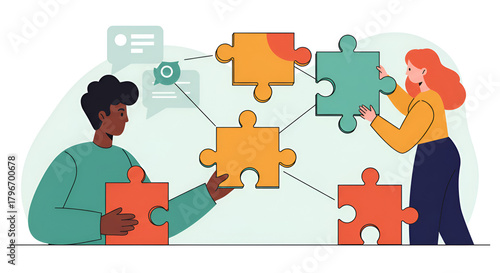 Illustration of a team assembling puzzle pieces, representing collaboration and creative solutions in a modern and professional style.