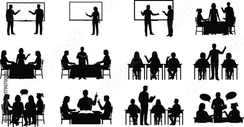 Educational teamwork, classroom discussion, collaborative learning, teaching scene, silhouette group, flat vector illustration, communication, training, study, presentation, interaction