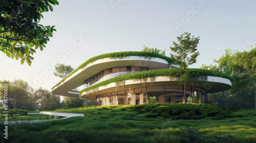 Fototapeta Naklejka Na Ścianę i Meble -  Futuristic solar water pumping station features integrated green design, showcasing modern architecture and sustainable living