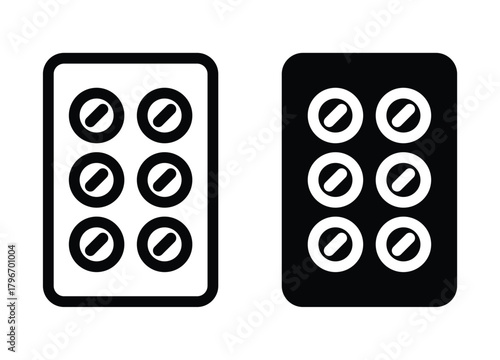 Black and White Illustration of Pill Blister Pack with Round Tablets