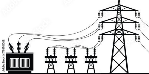 Electrical power distribution system, transformer with circuit breakers, high voltage transmission tower, electricity infrastructure illustration, energy grid network, industrial engineering design