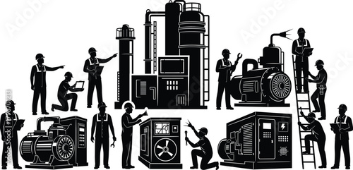 Flat vector illustration of industrial workers operating machinery, factory maintenance, power plant, engineering, teamwork, safety, energy production, technology, construction