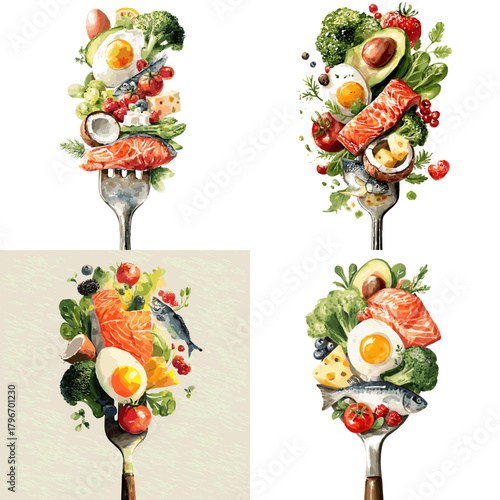 Keto diet forks stacked with salmon, eggs, avocado, cheese and greens in watercolor style. Healthy low-carb food concept for posters, menus, wellness and nutrition.