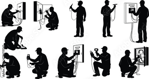 Flat vector illustration of electricians working with electrical panels, wiring, testing equipment, repair, maintenance, safety, technology, energy, tools, electricity