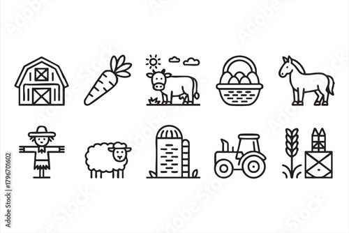Agriculture and farm vector icons with tractor, crops, animals, and produce