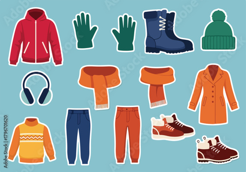 Winter clothing cartoon sticker pack, featuring cozy apparel and accessories for cold weather adventures and seasonal fashion themes