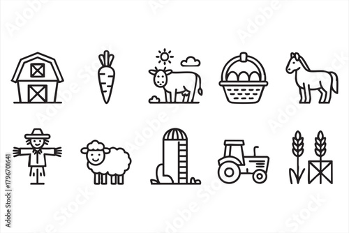 Rural farming illustration set including barn, livestock, wheat, and vegetables