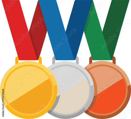 Gold silver and bronze medals vector illustration with colorful ribbons for sports achievements and competition winners