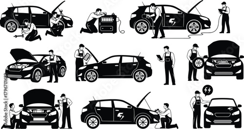 Flat vector illustration of car repair service, automotive maintenance, mechanic working with tools, diagnostics, battery charging, engine inspection, vehicle fixing