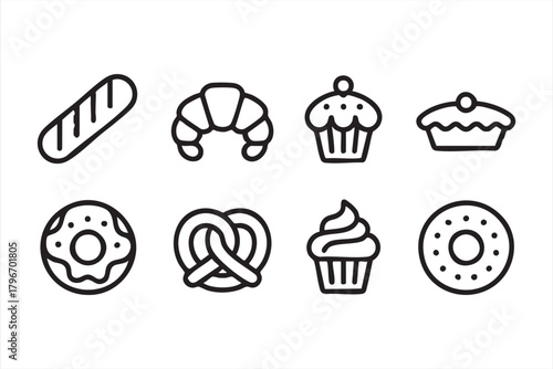 Sweet bakery dessert icons with cupcakes, donuts, croissants, and pretzels