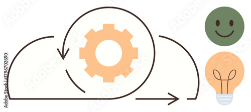 Gear within circular arrows inside a cloud, green happy face, and illuminated lightbulb. Ideal for innovation, productivity, teamwork, creativity, problem-solving workflow and simplicity. Minimal
