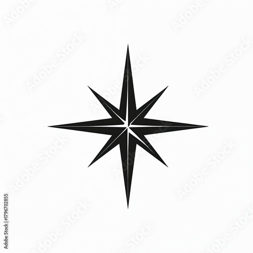Black compass rose icon isolated on white background. Simple nautical star symbol for navigation, direction. Modern graphic logo for travel exploration. Illustration of windrose showing cardinal