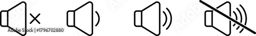 Volume icon set with audio speaker symbols, sound level bars, mute signs, and multimedia control elements, vector Illustration.