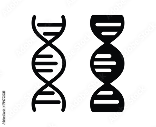 Black and White DNA Helix Icon and Structure on Transparent Background