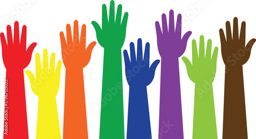 Raised hands icon in trendy flat style, showing diverse human arm silhouette colorful vector illustration for volunteer support, unity, voting, teamwork, participation, charity and community concept.