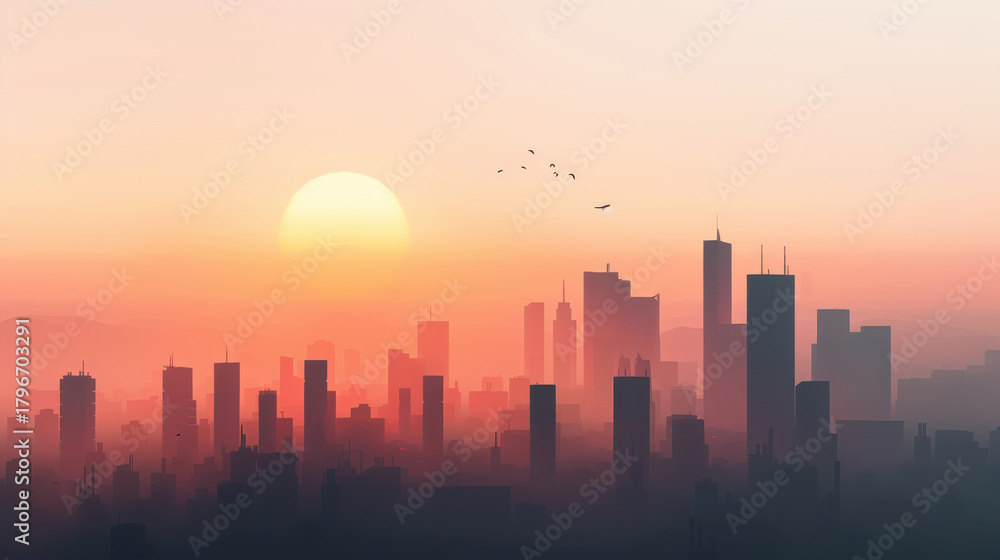Naklejka premium Serene skyline dawn showcases minimalistic cityscape with silhouettes of skyscrapers against vibrant sunrise. warm hues evoke tranquility and hope