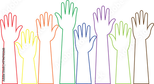 Raised hands icon in trendy line style, showing diverse human arm silhouette colorful vector illustration for volunteer support, unity, voting, teamwork, participation, charity and community concept.