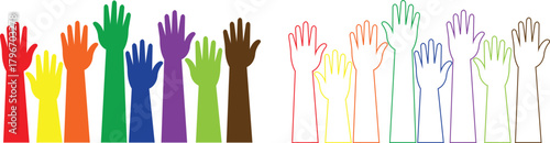 Raised hands flat and line icons set, showing diverse human arm silhouette colorful vectors illustration for volunteer support, unity, voting, teamwork, participation, charity and community concept.