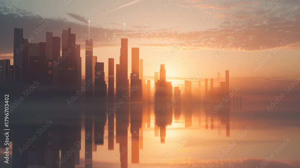 Fototapeta premium Futuristic city skyline with tall buildings reflecting in water at sunset, creating serene and innovative atmosphere