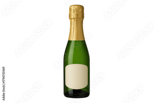 Green champagne bottle with gold foil and blank beige label
