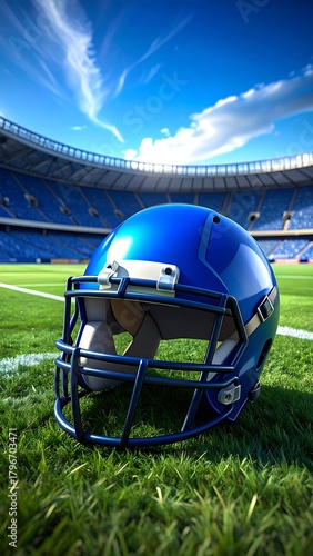 A vibrant shot of a blue football helmet on a well-maintained grass field. The stadium looms in the background. Bright blue sky