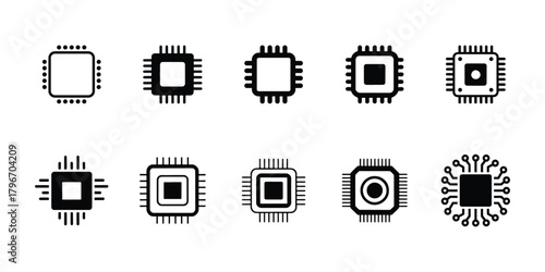 Minimal microchip icon bundle, CPU processor and circuit board vector design