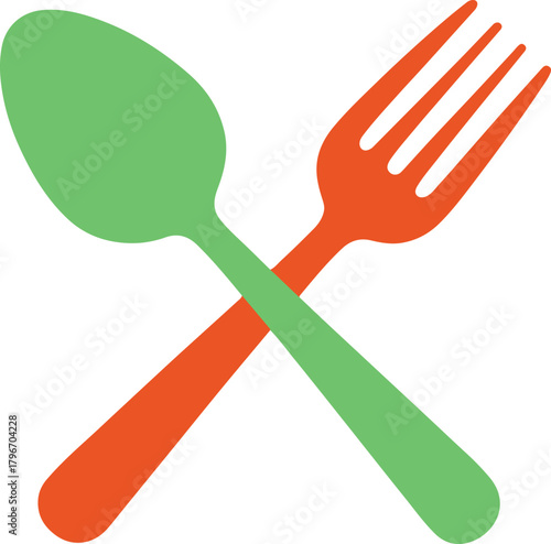 Green spoon and orange fork crossed vector illustration representing dining or restaurant services