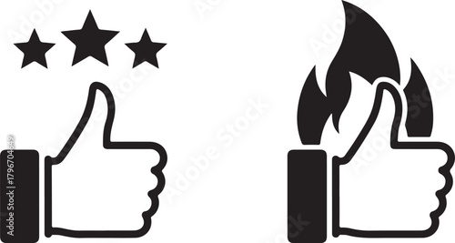 Thumbs Up with Stars and Flames Icons.  Product rating, popularity, and trending graphic symbols