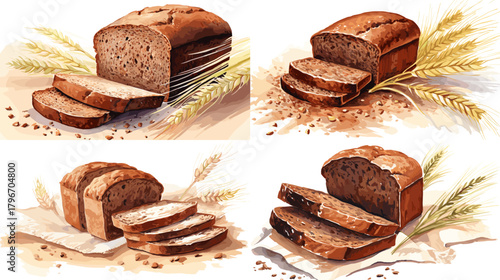 Rustic watercolor loaves of whole grain bread, sliced with golden crusts and wheat stalks. Bakery clipart set for menus, packaging, branding, and culinary illustrations.