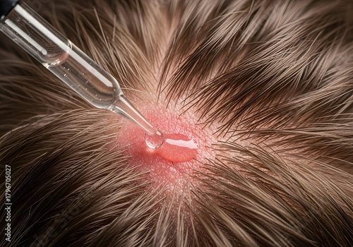 A dropper applicator placing a clear liquid steroid solution onto a red, scaly scalp psoriasis patch through the hair. Targeted medical treatment for skin inflammation.