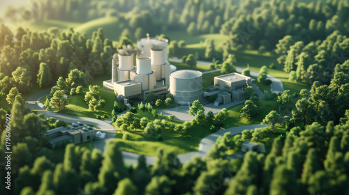 Futuristic eco industrial zone featuring clean energy reactors surrounded by lush greenery and winding roads, showcasing sustainable technology