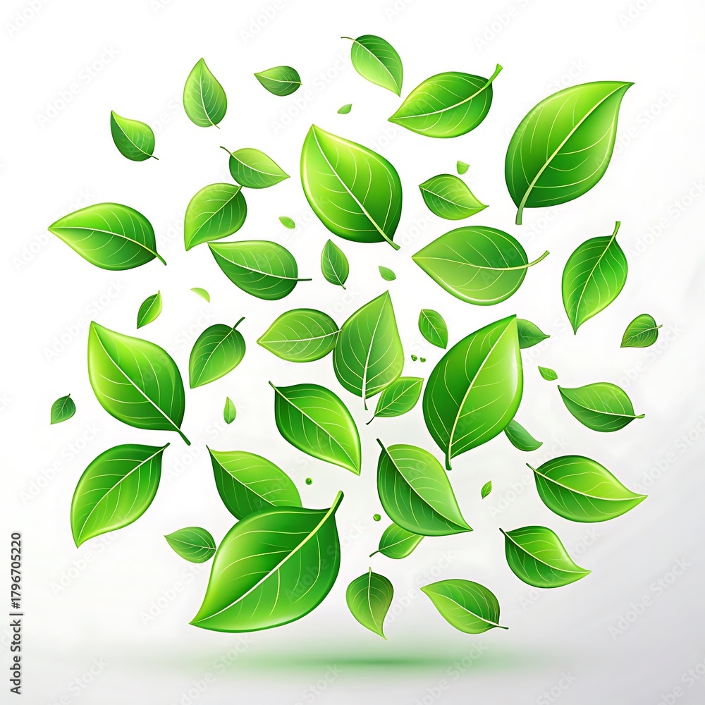 Obraz premium Bunch of green leaves scattered in the air