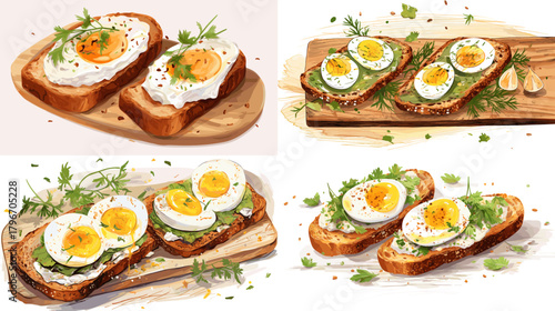 Watercolor toasts with avocado spread and sliced boiled eggs, herbs and spices on wooden boards. Savory breakfast clipart for menus, recipes, cafes and healthy eating designs.
