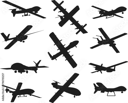 Set of drone silhouettes featuring diverse unmanned aerial vehicle designs with various wing shapes and angles for aviation, surveillance, and vector use.